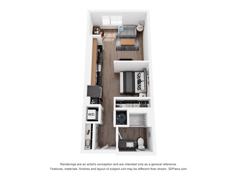 a stylized floor plan with a bedroom and a living room